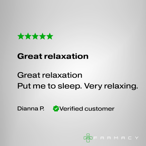 Product review with five green stars and text on a gray background, featuring the Farmacy logo.